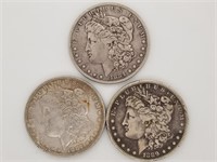 3 Morgan silver dollars 1884, 1887 O, 1889 O