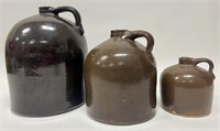 3 Antique Brown Glaze Stoneware Whiskey Thumb Jugs