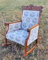 Antique Carved Oak & Upholstered Rocking Chair