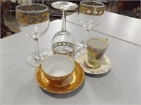 THREE(3)GOLDEN RIMMED STEMS & CUPS & SAUCERS