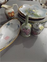 ASSORTED CHINA PLATES, EGG DISH, BELL & PITCHER