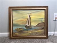 Sailboat & Lighthouse Scene Orig. Oil on Canvas