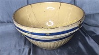 Yellow with blue band stoneware bowl 10.5in