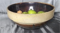 Brown 12in stoneware bowl with apples and walnuts