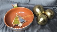 Painted clay bowl and 3 brass spheres