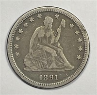 1891 Seated Liberty Silver Quarter Fine F details