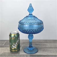 LARGE BLUE INDIANA GLASS DIAMOND POINT COMPOTE
