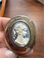 Vintage silver tone blue cameo pin