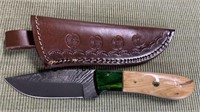 8" Damascus Knife w/ Leather Sheath