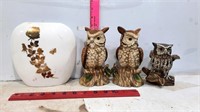 Owl Figurines & Glass Vase