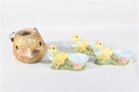 Easter Decor - 3 Egg Holders and Chick Head Basket