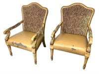 2 Lg. Carved Wood Armchairs w Leopard & Ostrich