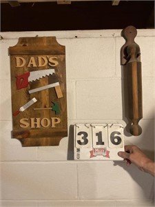 Wooden Dad’s Shop sign and rolling pin