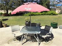 Garden Table, 3 Chairs & Umbrella