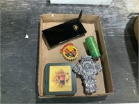 box lot of emblems and coasters
