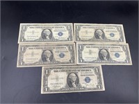 5 Mixed $1 silver certificates, heavily circulated