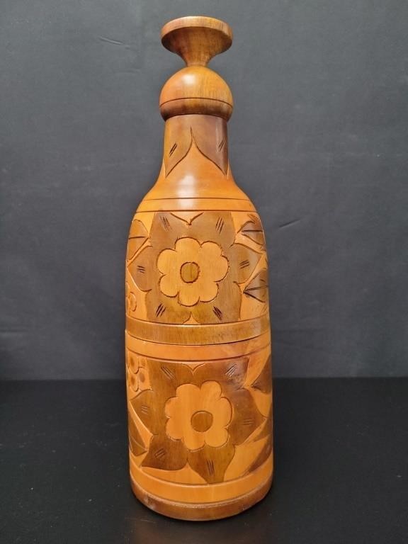 Hand Carved Wood Bottle w/Wooden Shot Glass Cap