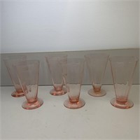 6- 6" Pink Etched Glass Drink wear