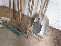 Aluminum scoop, axe, broom, landscape rake,