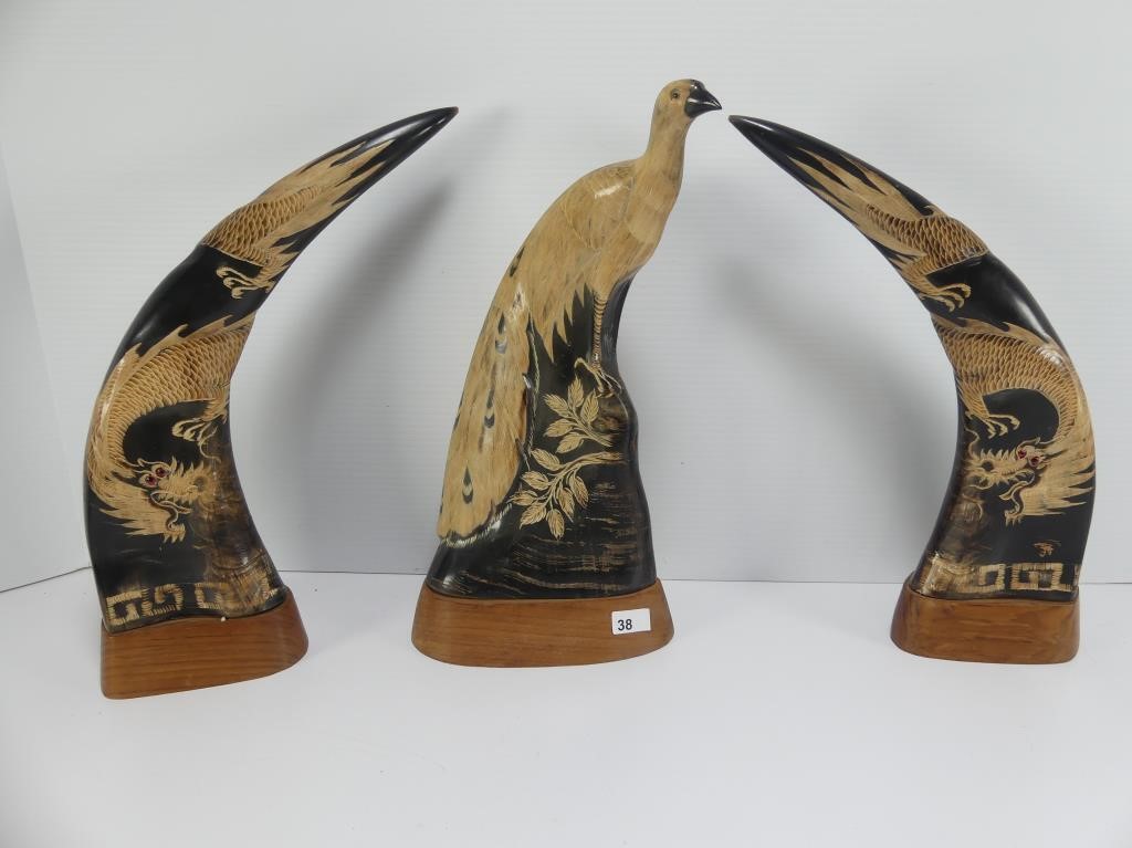 3 MOUNTED CARVED HORNS