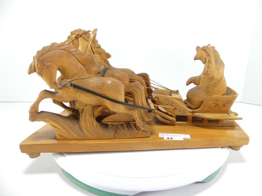 MADE IN USSR WOOD CARVED BEAR DRIVING HORSES