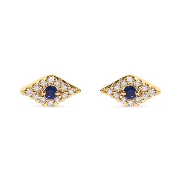 10K Gold Evil Eye Stud Earring with Sapphire & Dia