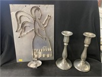 Folk Art Candle Sconce with Pewter Candlesticks