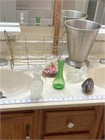 Misc Bath Lot- Trash Can, Avon Bottle, Vase, etc