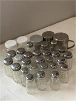 28 glass salt/pepper shakers, 3 metal shakers