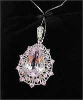 14K W Gold Kunzite, Pink Sapphire &Diamond Pendant