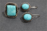 Sterling Silver Turquoise Ring & Pierced Earrings