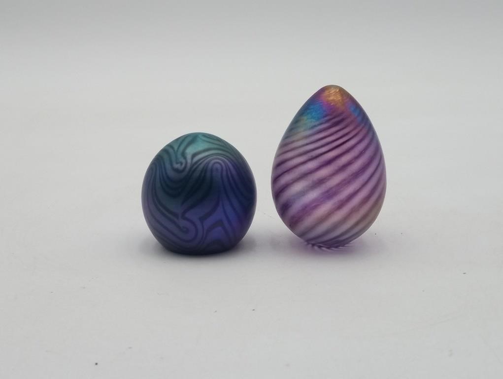 2 Art Glass Studio Glass Eggs paperweights SIGNED