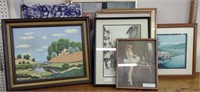 Lot Paintings Prints River Boats Japanese Woman