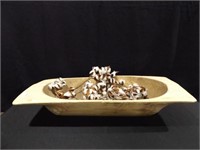 Large wooden canoe bowl, cotton boll garland