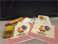 Chicken tea towels, rolling pin, measuring cups,
