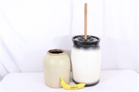 2 Stoneware Lidded Butter Churn & Crock