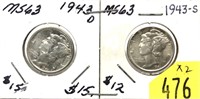 x2- Mercury dimes: 1943-D, 1943-S -x2 dimes -SOLD