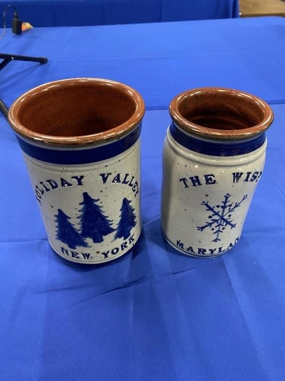 (2) HAND-MADE AND DECORATED STONEWARE JARS