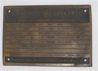 Bronze/brass GE DC Generator plaque. Measures