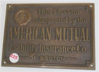 Bronze/brass American Mutual Elevator plaque.