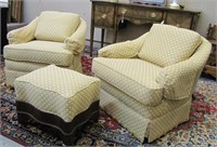 Pair of Upholstered Club Chairs, Ottoman