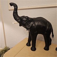 Leather Wrapped Trunk Up Elephant Sculpture