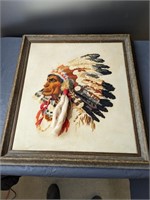 Framed Embroidered Native American Indian Head