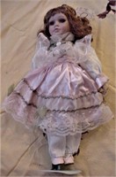 Porcelain and Cloth Doll Red Hair Pink Dress 16"