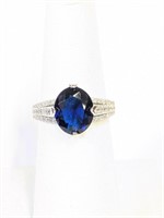 .925 Silver 4ct Cut Blue Sapphire Ring Sz 7  E