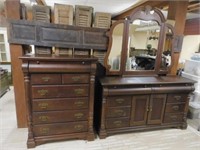 Tall American Mahogany Chest and Mirrored Dresser.