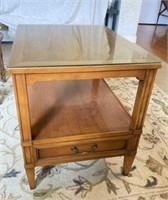 Side Table with Glass Top, Lower Shelf & Drawer