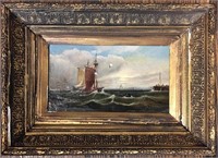 Oil On Canvas Ship Scene In Ornate Gilt Frame