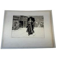 Vintage Etching of Victorian Lady with Umbrella