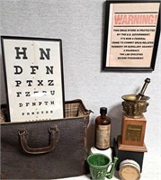 ANTIQUE LEATHER DR BAG EYE CHART BOTTLE & RX LOT